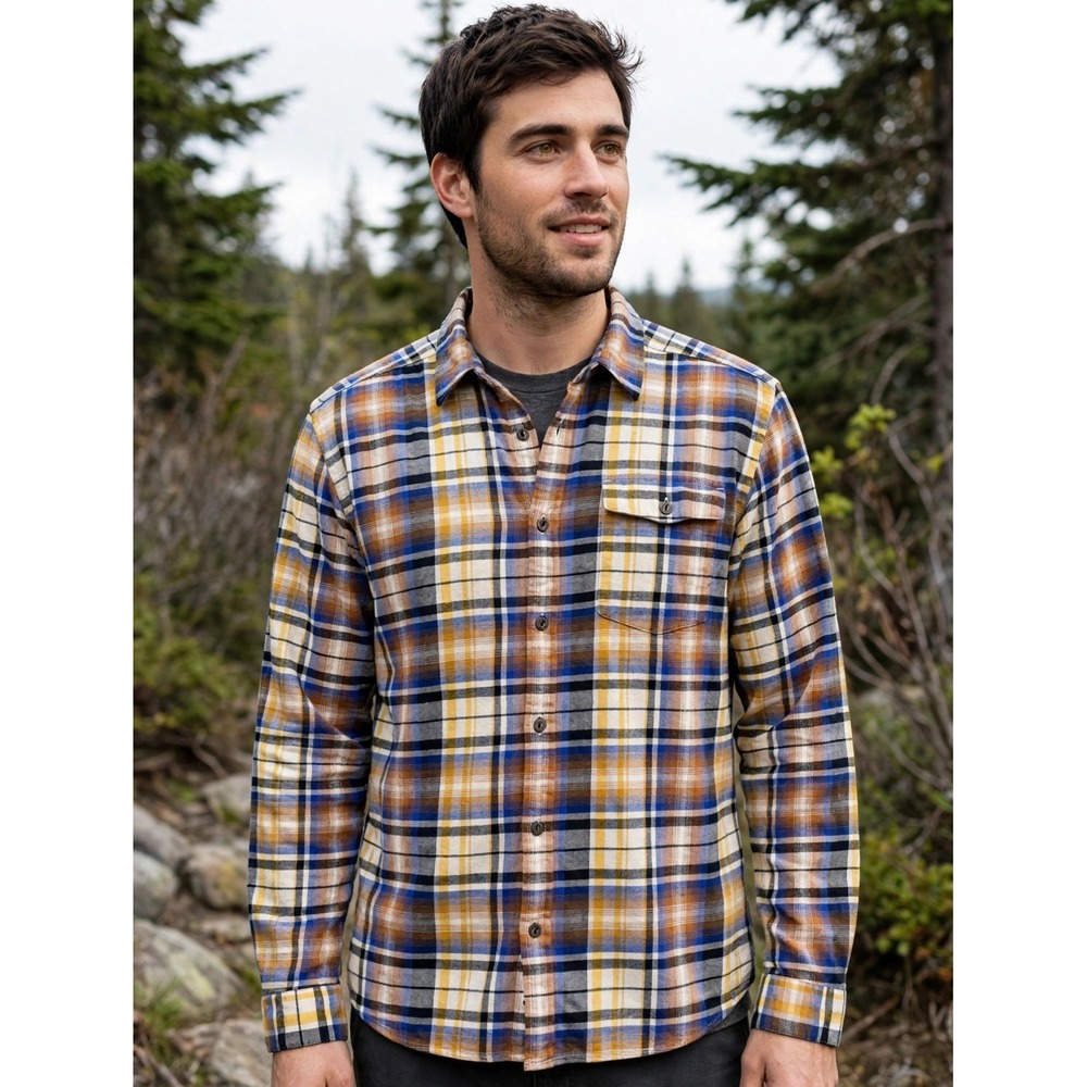 Patagonia Mens Organic Cotton Fjord Flannel Plaid Shirt Blue Brown 54020 L